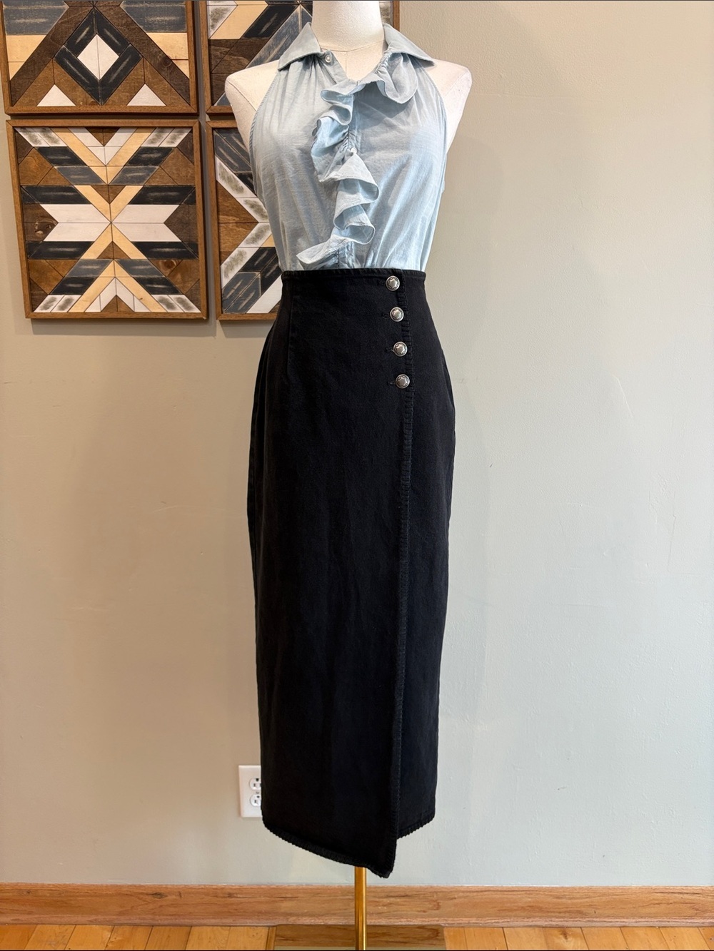 Vintage Ralph Lauren Country Black Button Accent Long Denim Wrap Jean Skirt 4